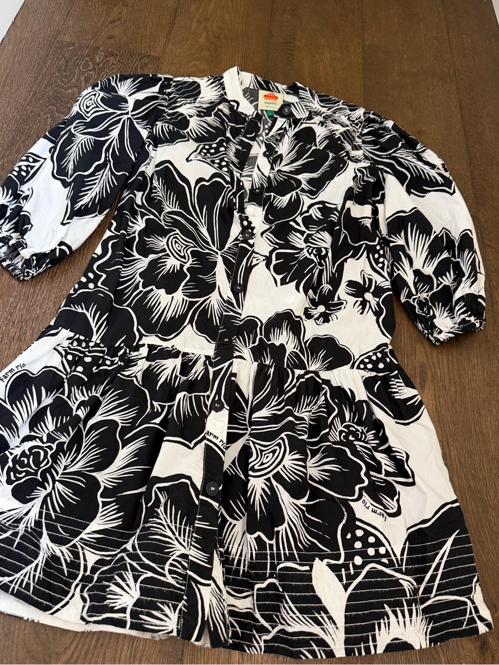 Farm Rio Women’s Floral Black and White Print Dress Sz S - Picture 2 of 8